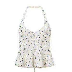 Zara Blueberry Floral Poplin Halter Tank Top With Ties White and Blue Size Small